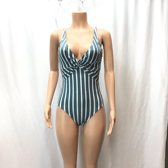 Old Navy Teal Striped Twist-Front One-Piece Swimsuit - Picture 2 of 11